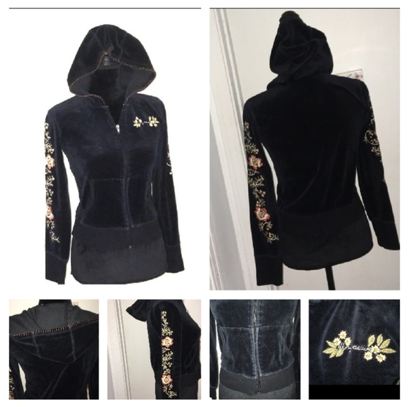 Dkny Tops - DKNY Active Top Black Velour Hoodie with Flowers